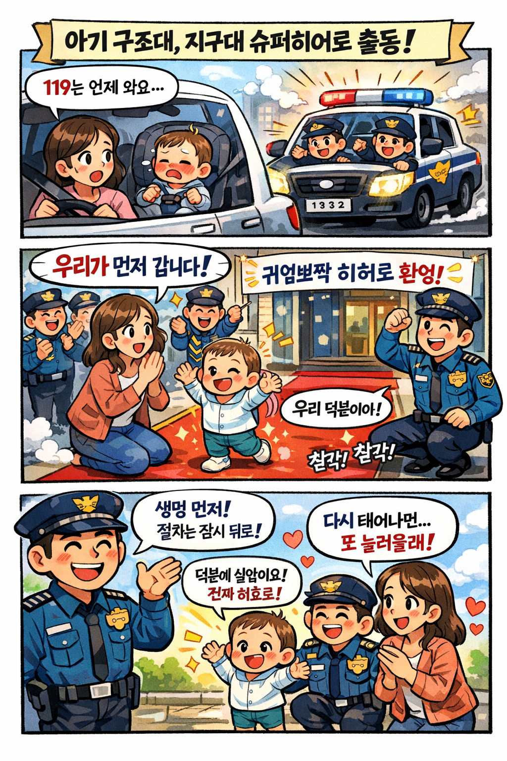 재미있네요 ㅎㅎ아기를 구조한 경찰 뉴스 만평