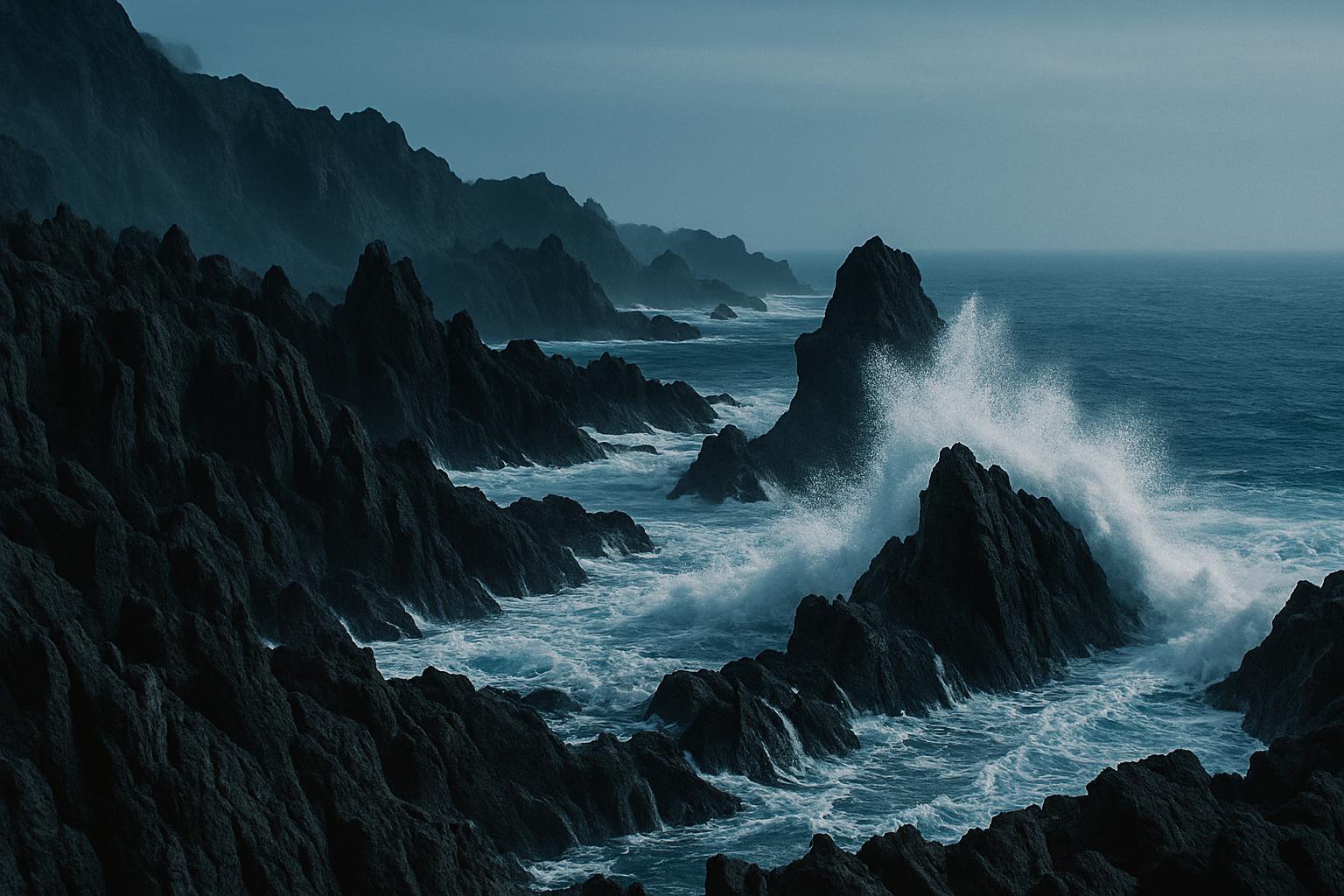 검은 화산 앞 바다